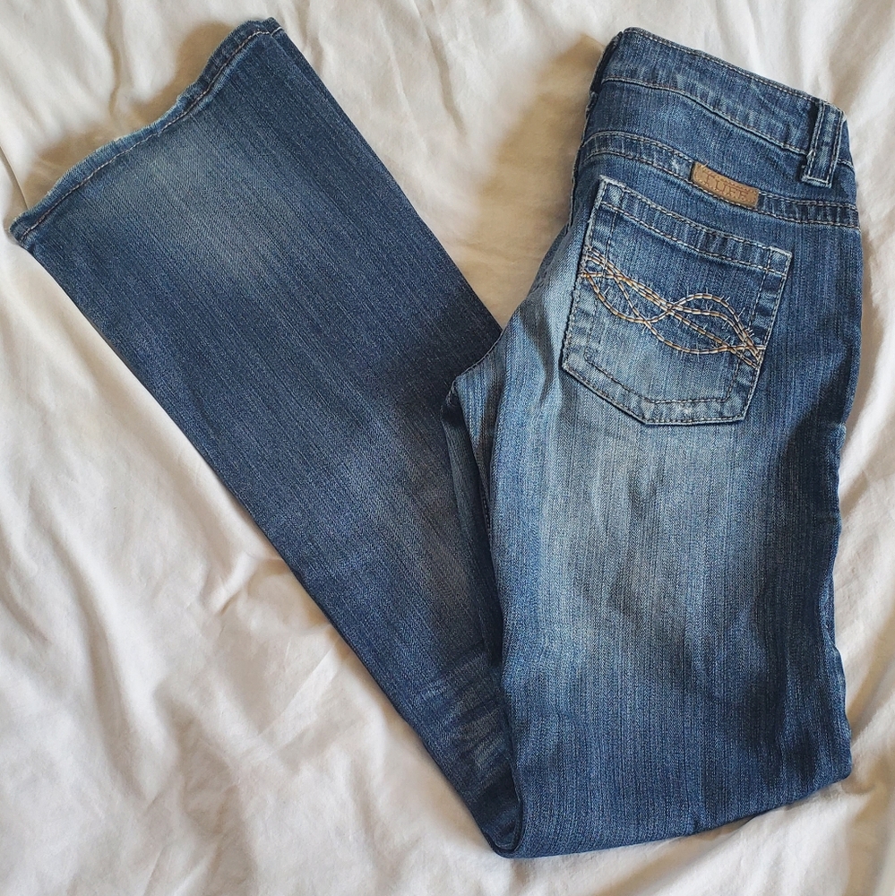 Cowgirl Tuff Distressed Dark Don't Fence Me In Blue Flare Jeans Sz 26x35